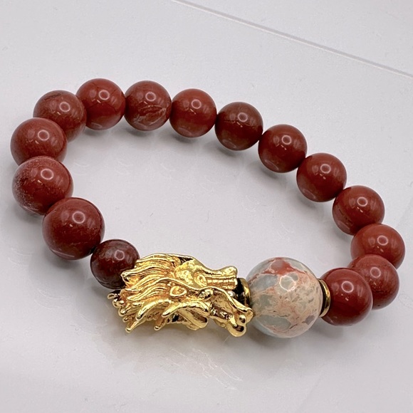 YEAR OF THE DRAGON RED JASPER NATURAL STONES BRACELET size 7.5” - Picture 2 of 9